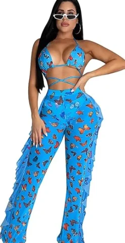 Two Piece Cropped Top Ruffled Trousers