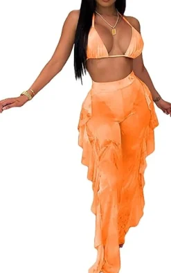 Two Piece Cropped Top Ruffled Trousers