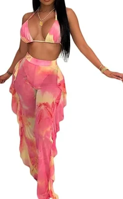 Two Piece Cropped Top Ruffled Trousers