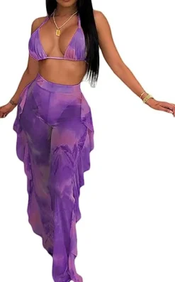 Two Piece Cropped Top Ruffled Trousers