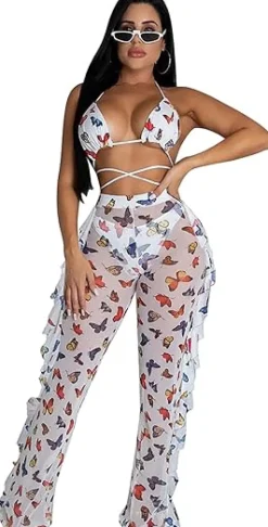 Two Piece Cropped Top Ruffled Trousers