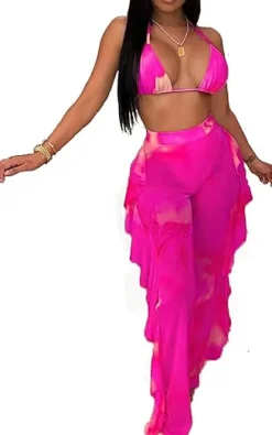 Two Piece Cropped Top Ruffled Trousers