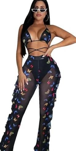 Two Piece Cropped Top Ruffled Trousers