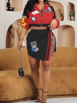 Two Piece Digital Print Jacket Buttoned Skirt Set