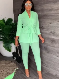 Two Piece Drawstring Blazer Bodycon Long Pants