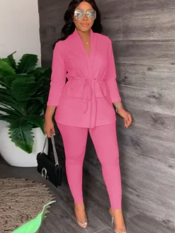 Two Piece Drawstring Blazer Bodycon Long Pants