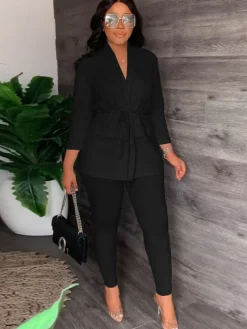 Two Piece Drawstring Blazer Bodycon Long Pants