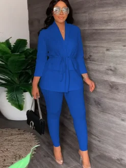 Two Piece Drawstring Blazer Bodycon Long Pants