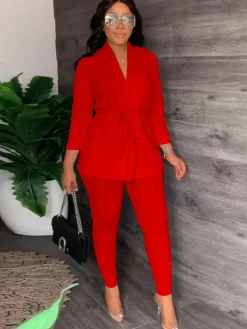 Two Piece Drawstring Blazer Bodycon Long Pants