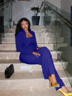 Two Piece Flare Long Sleeve Top Pants Suit