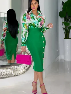 Two Piece Floral Print Shirt Midi Skirts