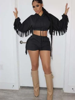 Two Piece Fringe Hooded Shorts Set