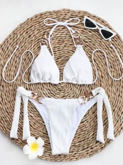 Two Piece Halter Neck Chain Patchwork Swimsuit