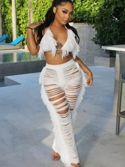 Two Piece Halter Tassel Top Bodycon Pants