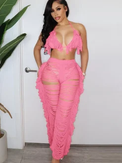 Two Piece Halter Tassel Top Bodycon Pants