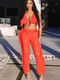 Two Piece Halter Tassel Top Bodycon Pants