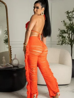 Two Piece Halter Tassel Top Bodycon Pants