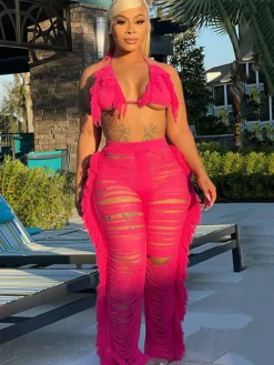 Two Piece Halter Tassel Top Bodycon Pants