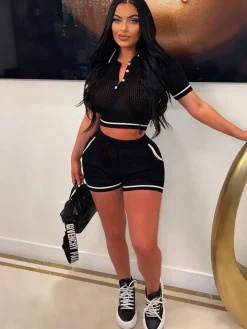 Two Piece Hollow Out Crop Top Shorts