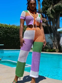 Two Piece Hollow Out Short Sleeve Crop Top Pants