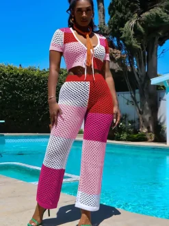 Two Piece Hollow Out Short Sleeve Crop Top Pants