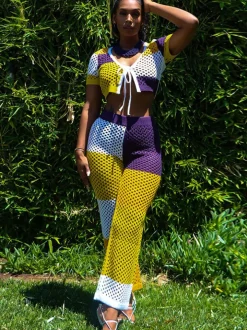 Two Piece Hollow Out Short Sleeve Crop Top Pants