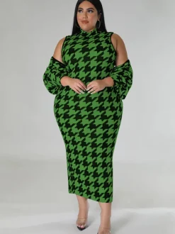 Two Piece Houndstooth Cardigan u0026 Cut Out Midi Dress