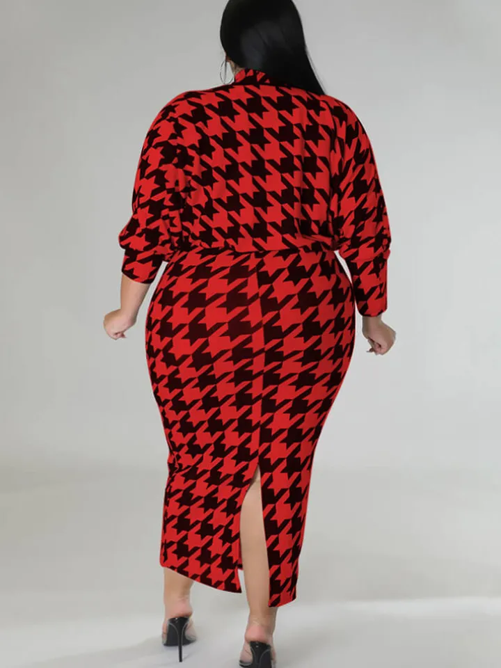 Two Piece Houndstooth Cardigan u0026 Cut Out Midi Dress