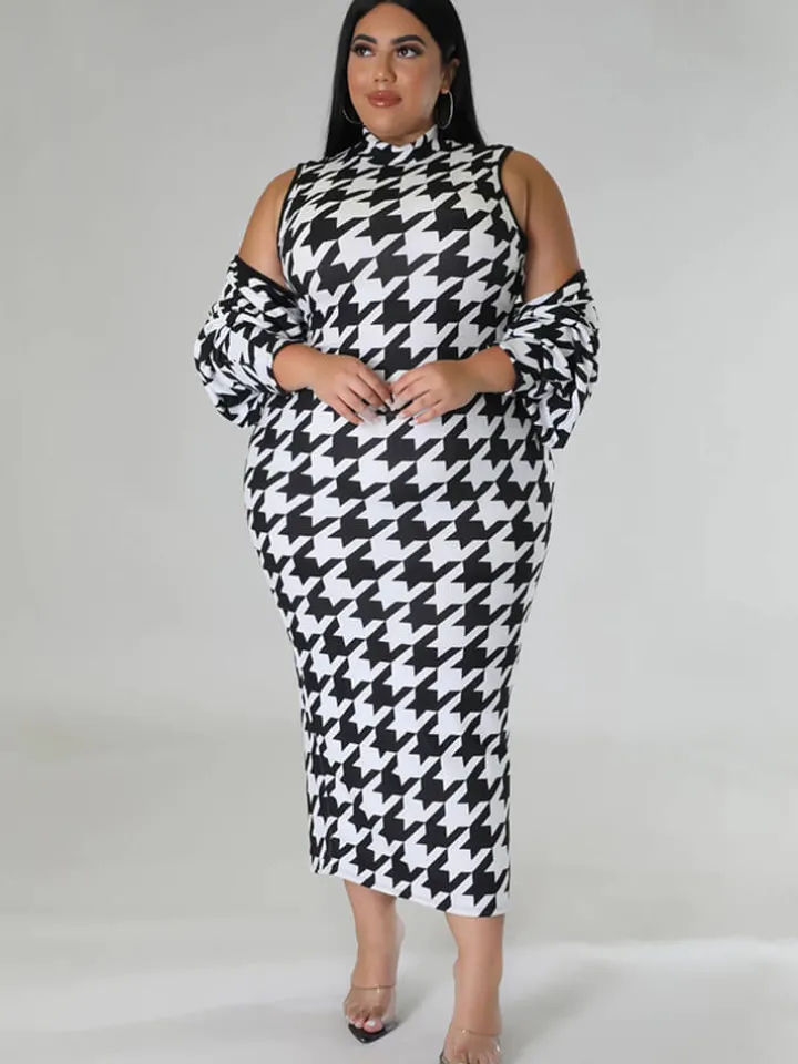 Two Piece Houndstooth Cardigan u0026 Cut Out Midi Dress