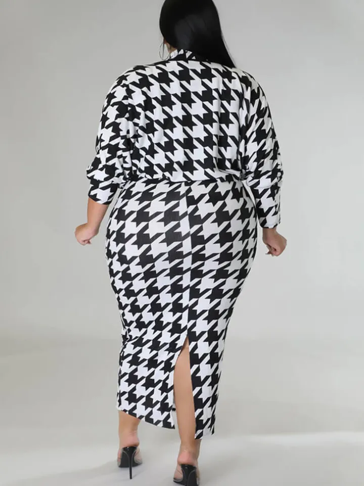Two Piece Houndstooth Cardigan u0026 Cut Out Midi Dress