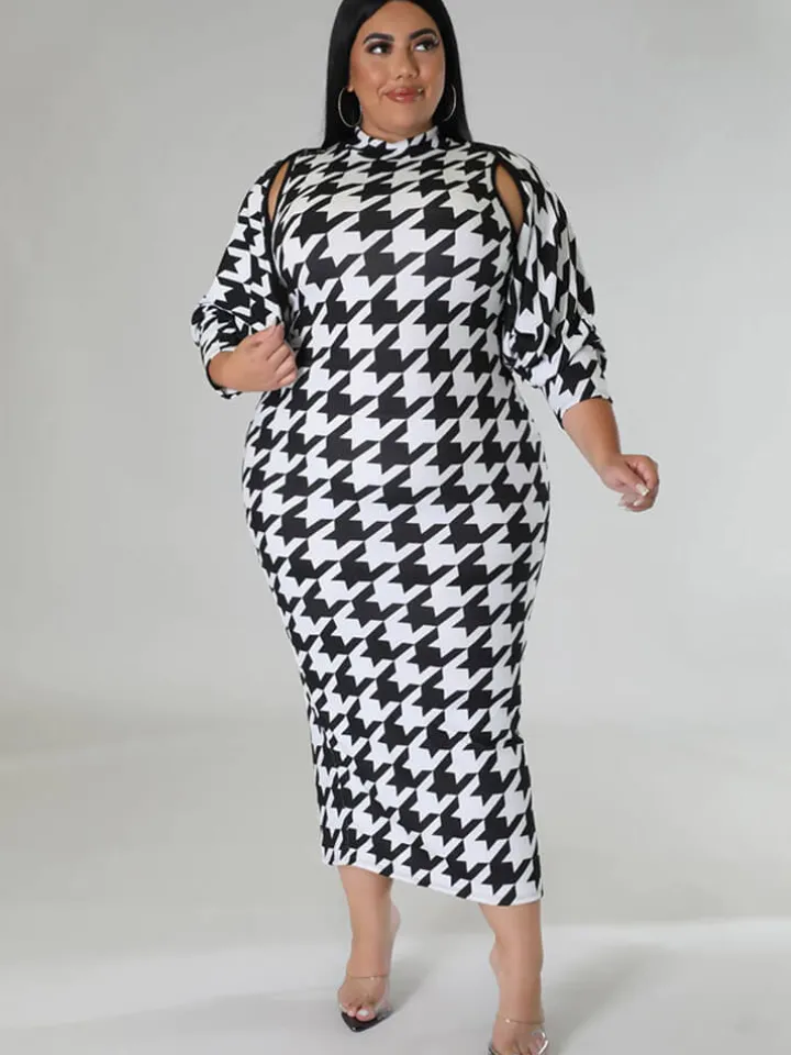 Two Piece Houndstooth Cardigan u0026 Cut Out Midi Dress