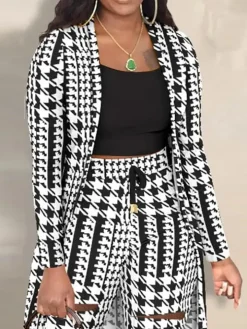 Two Piece Houndstooth Jacket Cut Out Pants