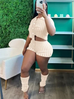 Two Piece Knit Crochet Crop Top Shorts