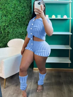 Two Piece Knit Crochet Crop Top Shorts