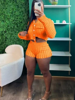 Two Piece Knit Crochet Crop Top Shorts