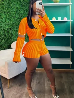 Two Piece Knit Crochet Crop Top Shorts