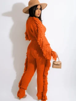 Two Piece Knitted Long Sleeve Tassel Outfits