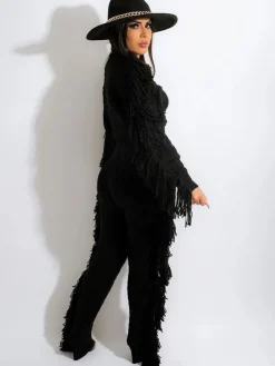 Two Piece Knitted Long Sleeve Tassel Outfits