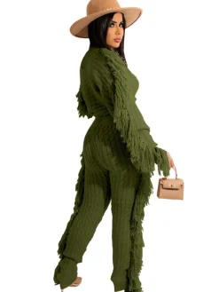 Two Piece Knitted Long Sleeve Tassel Outfits