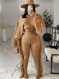 Two Piece Knitted Long Sleeve Tassel Outfits