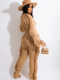 Two Piece Knitted Long Sleeve Tassel Outfits