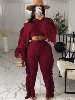 Two Piece Knitted Long Sleeve Tassel Outfits
