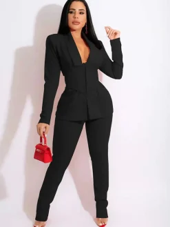 Two Piece Long Sleeve Blazer Pants Outfits