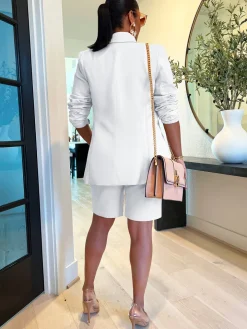 Two Piece Long Sleeve Blazer Shorts Pant Set