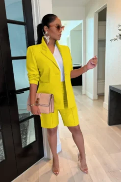 Two Piece Long Sleeve Blazer Shorts Pant Set