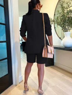 Two Piece Long Sleeve Blazer Shorts Pant Set