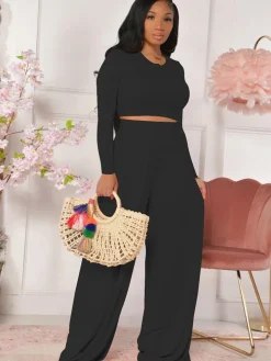 Two Piece Long Sleeve Crop Top Wide Leg Pants