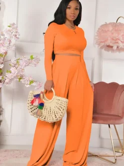 Two Piece Long Sleeve Crop Top Wide Leg Pants