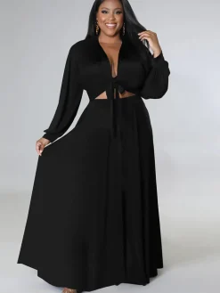 Two Piece Long Sleeve Crop Top Maxi Skirts