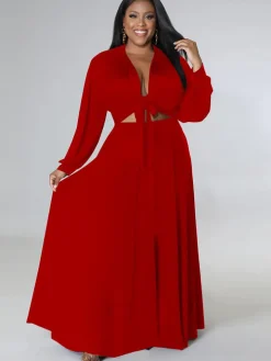 Two Piece Long Sleeve Crop Top Maxi Skirts